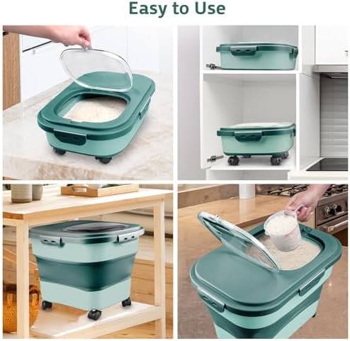 Komzon Rice Storage Containers, Collapsible 20 to 30Lbs Food Storage Bin Dispenser with Rolling Wheel and Clear Airtight Lid, BPA Free Flour, Sugar, Cereal and Dog Cat Pet food Containers