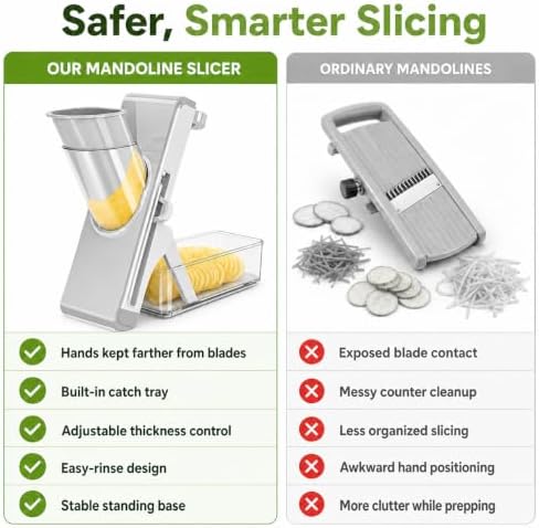 Safe Mandoline Slicer for Kitchen, Vegetable Slicer with Container, French Fry Cutter, All in 1 Julienne Slicer for Potato, Thickness Adjustable, Detachable Blade (Gray)
