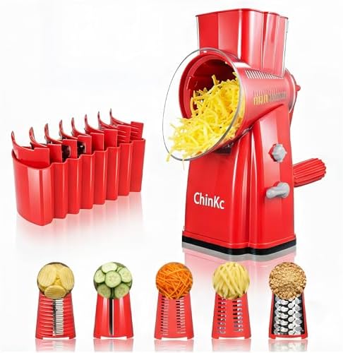 Upgrade Rotary Cheese Grater Shredder with Handle, Strong Suction Base, Multi-purpose Rotary Grater Slicer with 5 Interchangeable Blades for Ice, Vegetables, Fruit, Nuts with Blade Storage Box