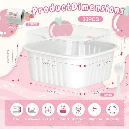 30Pack 5oz White Mini Cake Pans with Lids, Spoons and Stickers Baking Cups Aluminum Foil Pans Tins, Individual Dessert Cups Containers for Sales,Party,Picnics