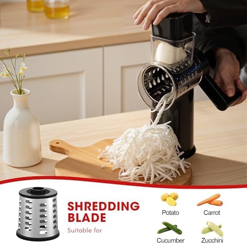 Rotary Cheese Grater Hand Crank with Foldable Handle, Three Blades