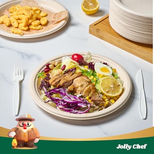 JOLLY CHEF 100% Compostable Paper Plates, 150 Pack 9 Inch Heavy Duty Plates, Disposable Biodegradable Eco-Friendly Sugarcane, Bulk Nature