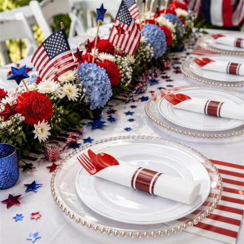 Liacere 400PCS Pre Rolled Red Silverware and Napkin - Disposable Red Plastic Utensils-Wrapped Plastic Cutlery Set with Napkin:100Forks,100Knives,100Spoons,100Napkins for Party & Independence Day