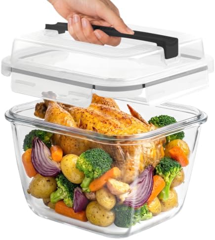 Razab 2700ml / 91oz / 11.5 Cups Large Glass Food Storage Container with Lid - Leakproof Glass Meal Prep Container for Roasting & Storing Leftovers, Glass Lunch Container, Microwave & Oven Safe