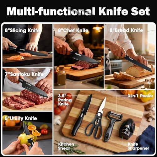 Knife Set, 10 Piece Kitchen Knife Set with Block and Sharpener, Anti-Rust Stainless Steel Knives Set for Kitchen, Chef Universal Knife Block Set, Dishwasher Safe, Ergonomical Design, Black