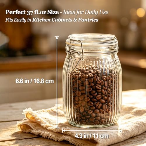 ComSaf Ribbed Glass Pantry Jars with Airtight Lids 34 oz 3 Pack Coffee