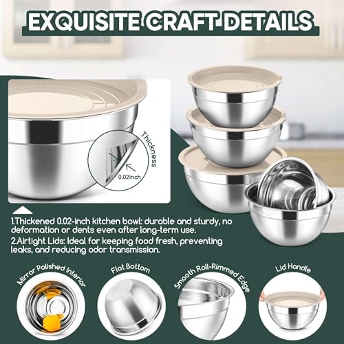 Herogo 5-Piece Nesting Mixing Bowls with Lids, 3 Grater Attachments, Khaki
