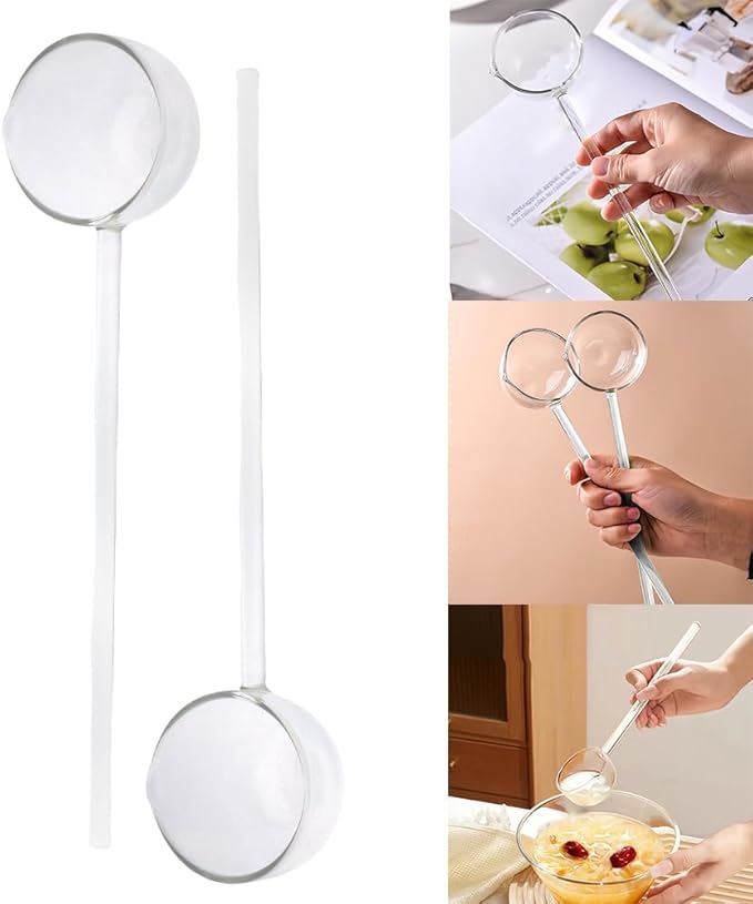 2 Pcs 9.65” Heat Glass Ladle, High Temperature Borosilicate Glass Mixing Utensil Ladle With Pourable Mouth Can Be Heated Directly With Open Flame for Home Kitchen Banquet Restaurant Soup Spoon