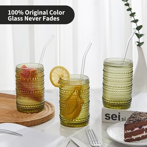 HomeVogue Vintage Hobnail Drinking Glasses Set of 12, 15 oz Highball Glasses & 12 oz Cocktail Glasses Set, Green Kitchen Water Glasses Cup, Bar Tumbler Glassware Set for Beer, Juice, Whiskey, Milk