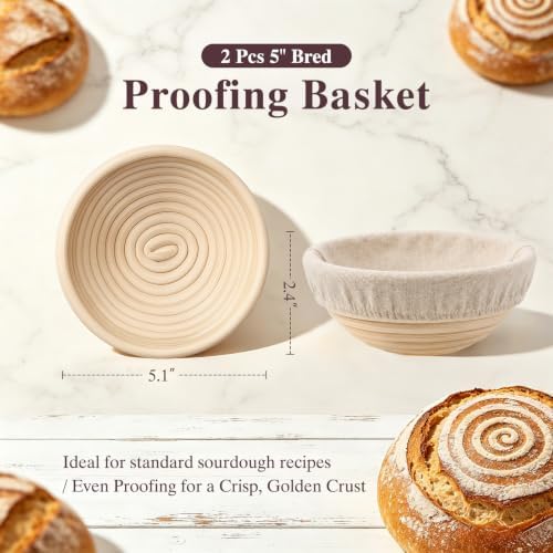 Umite Chef Dutch Oven for Sourdough Bread Baking – Enamelled Cast Iron Bread Loaf Pot – 500°F Oven Safe– Double Round Loaf Space, 16.5“ Diameter, 5" Banneton Proofing Baskets & Cotton Potholders(Pink)
