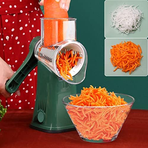 Manual Rotary Cheese Grater Grinder- 5 Interchangeable Blades Round Mandoline Vegetable Slicer Drum Shredder Nut Chopper with Strong Suction Base