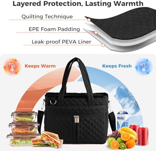 Large Lunch Box for Women, Insulated Lunch Bag for Work, Black
