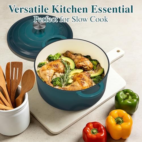 Umite Chef 7QT Enameled Cast Iron Dutch Oven with Lid & Cotton Potholders–Heavy-Duty Cookware for Bread Baking, Braising, Stews, Marinate, Cook(Emerald)