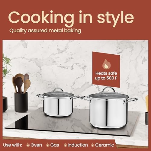Stainless Steel Stockpot with Tempered Glass Lid 8 Quart, Durable 18/0 Stainless Steel, Impact-Bonded Base for Even Heating, Riveted Handles, Oven & All Stove Compatible, Safe Up To 500°F (260°C)