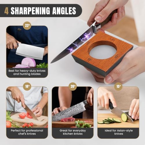 Premium Rolling Knife Sharpener Kit, 4 Angle - 400/1000/3000 Diamond & Ceramic Discs, 2 Extra Replacement Discs, Leather Strop, Anti-Cut Gloves & Carry Case, Knife Sharpening Kit for All Knives
