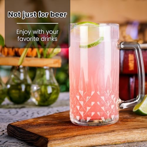 Beer Mugs For Freezer, 20 oz Large Heavy Glass Mugs with Handles Set of 6, Clear Large Beer Steins for Tea, Coffee, Lead-Free Glasses Oktoberfest Style, Gifts for Husband or Friend