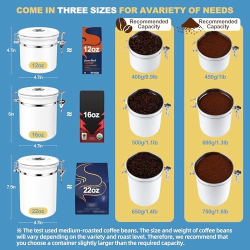 ShanSon Coffee Canister Airtight, Stainless Steel Bean Storage Container with Date Tracker & Scoop, Grounds Sugar Flour Tea Cereal Fits Kitchen Pantry, Ideal Gift for Coffee Lovers,12oz, White
