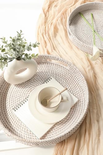 HITOMEN 14.2" Hand-Woven Round Rattan Serving Tray Decorative Ottoman Wicker Platter with Handles for Coffee Table, Breakfast, Drinks, Snack, Bread, Fruit, Vegetables (Whitewash-L)