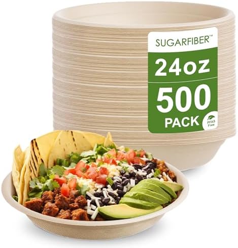 24oz Compostable Paper Bowls Disposable Round Natural Soup Bowls, 500 Count