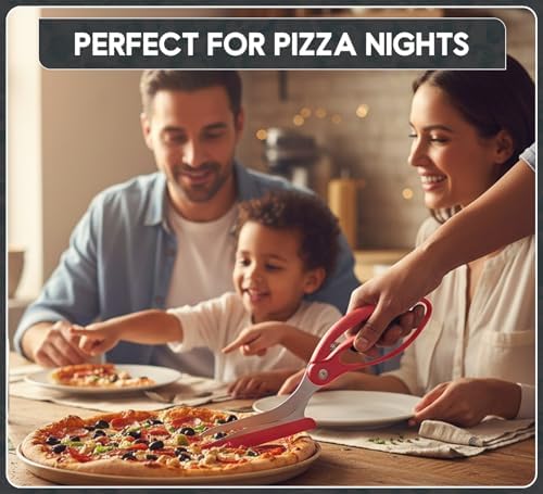 Pizza Scissors with Non Stick Slice Server. Sharp Pizza Cutting Without Topping Mess.Firm Grip, Food Grade Stainless Steel Pizza Cutter. Dishwasher Safe. 4 in 1 Kitchen Scissors