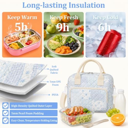 WOBAGMEN Quilted Lunch Box for Women,Large Floral Insulated Lunch Bag with Multiple Pockets,Adjustable Strap,Reusable Lunch Tote Box for Work Picnic Travel (Blue Floral Patchwork, M)