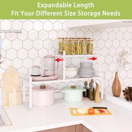 Across-Star Expandable Cabinet Shelf Organizer Rack, Stackable Kitchen Counter Storage Shelves Stand, Adjustable Height Pantry Shelf Spice Rack