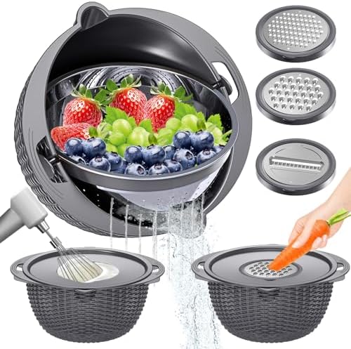 4-1 Colander with Lid Set - Rotatable Strainer With Bowl(Patented), Pasta Strainer with New Upgraded Graters, Strainer And Colanders, Fruit Cleaner, Veggie Wash, Apartment Kitchen Gadgets - Grey