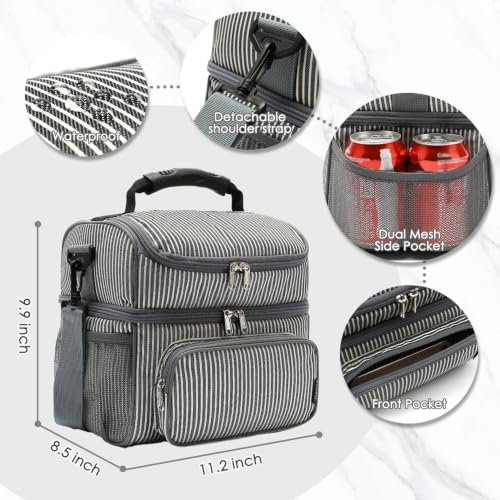 FlowFly Double Layer Cooler Insulated Lunch Bag Adult Lunch Box Large Tote Bag for Men, Women, With Adjustable Strap,Front Pocket and Dual Large Mesh Side Pockets
