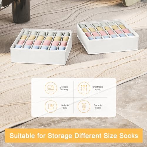 joyoldelf Sock Organizer Drawer Organizer - 2 Packs Underwear Organizer, 48 Cells Collapsible Closet Organizers and Storage Sock Holders Organizers for Storing Socks, Ties, Belts(White)