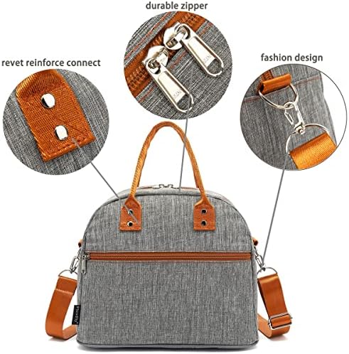 FlowFly Insulated Lunch Bag With Shoulder Strap for Women, Men, and Kids, Large and Reusable, Handle, Freezable Work and School Travel Tote and Meal Prep Organizer,Grey