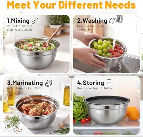 Beasea Mixing Bowls with Lids Set, 2 Pack 2 QT Stackable Stainless Steel Mixing Bowls with Lids, Kitchen Nesting Metal Bowl for Baking, Meal Prep, Salad, Food Storage