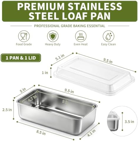 P&P CHEF Loaf Pan with Lid, 9 x 5 Inch Stainless Steel Bread Pan, 1PC