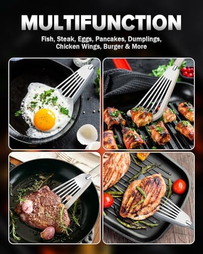 Fish Spatula Turner,Thin Slotted,Stainless Steel With Silicone Edge,2 Pack