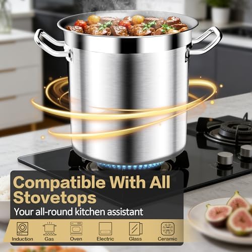 Stainless Steel Stock Pot，20QT Large Stock Pot with Lid for Boiling Cooking Soup Stew Canning, Heavy Duty Tri-Ply Bottom for Boiling Cooking Soup Stew Canning Cooking Pots, Cookware Sauce Pots