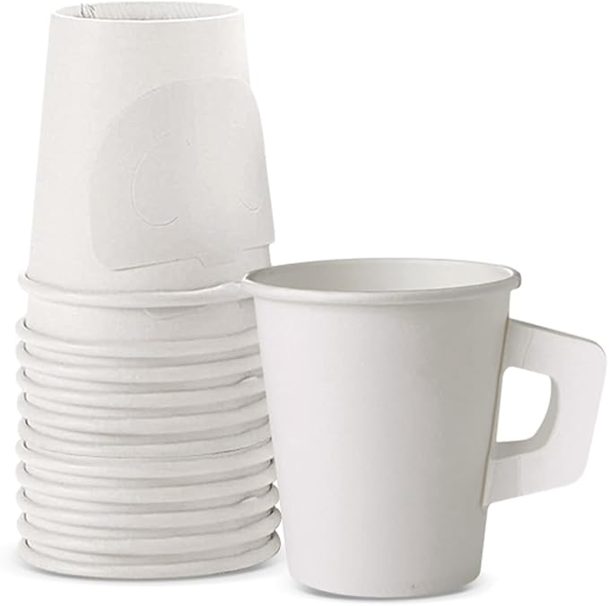 Disposable Tea Cups for Tea Party,8 Oz Paper Coffee Cups with Handles,Disposable Paper Cups for Hotel Motel Room Home Cafes Bistros Parties(50 Pcs)