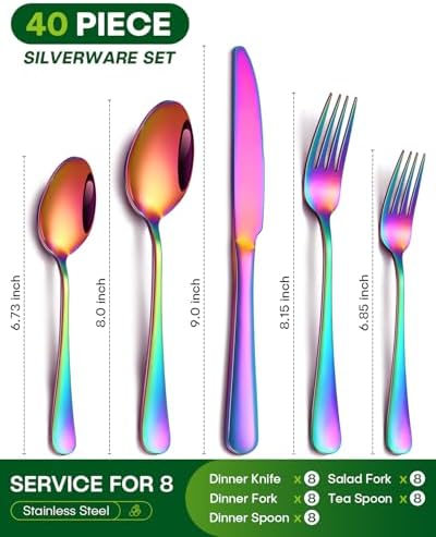 PHILIPALA 40 Piece Rainbow Silverware Set, Stainless Steel Flatware Set for 8 Colorful Novelty Flatware Cutlery Utensil Set Include Knife Fork Spoon Food Grade Mirror Polished Dishwasher Safe