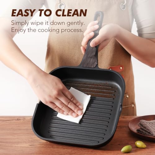 SENSARTE Nonstick Grill Pan for Stove Tops, Versatile Griddle with Pour Spouts, Square Big Cooking Surface, Durable Skillet Indoor & Outdoor Grilling. PFOA Free, 9.5 Inch