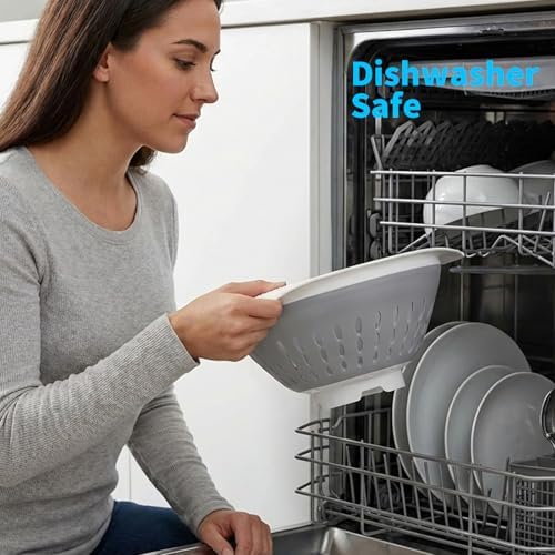 5 Quart Collapsible Colander，BPA Free，Dishwasher Safe，Silicone Food Strainer with Plastic Handles，Heavy Duty Foldable Heat Resistant Pasta and Veggies Kitchen Drainer Steam Basket，Gray