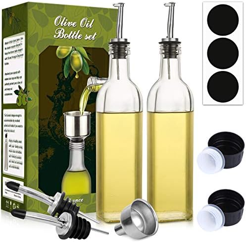AOZITA [2 PACK] 17 oz Glass Olive Oil Dispenser Bottle Set - 500ml Clear Oil & Vinegar Cruet Bottle with Pourers, Funnel and Labels