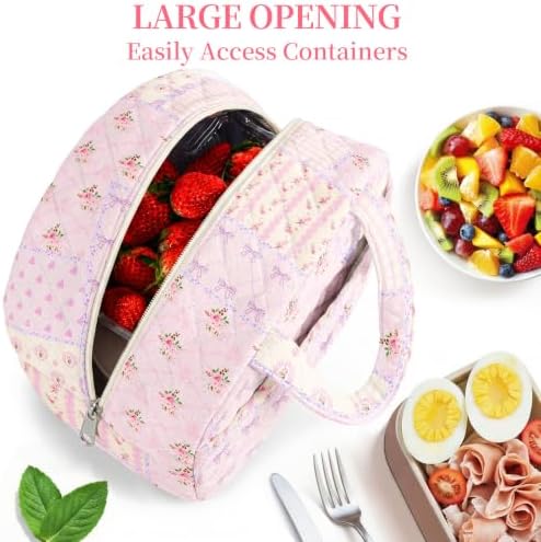 WOBAGMEN Quilted Lunch Box for Women,Coquette Aesthetic Lunch Box for Teen Girls,Cute Floral Lunch Bags for Work, School,Office,Picnic,Travel (purple pin)