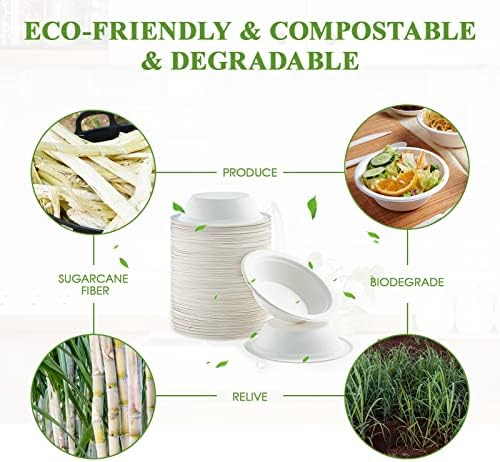 Vplus 200 Pack 12 OZ Compostable Paper Bowls, Bagasse Bowls，White