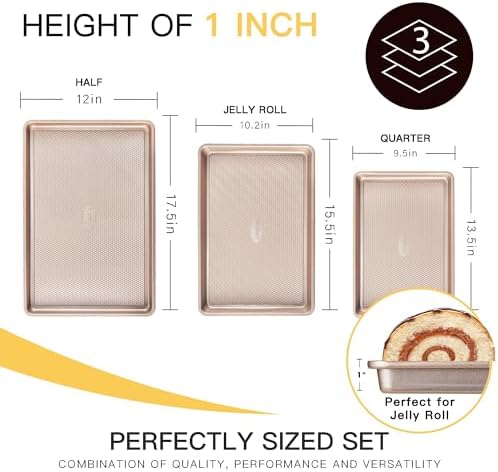 HONGBAKE Baking Sheet Pan Set of 3, Cookie Sheets for Oven, Nonstick Half/Quarter/Jelly Roll Pans with Diamond Texture Pattern, 0.8mm Thick Heavy Duty Cookie Tray, Champagne Gold