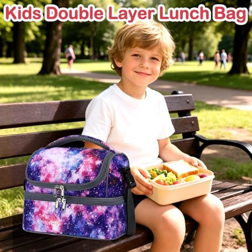 FlowFly Double Decker Cooler Insulated Lunch Bag Large Tote for Boys, Girls, Men, Women, With Adjustable Strap,Galaxy