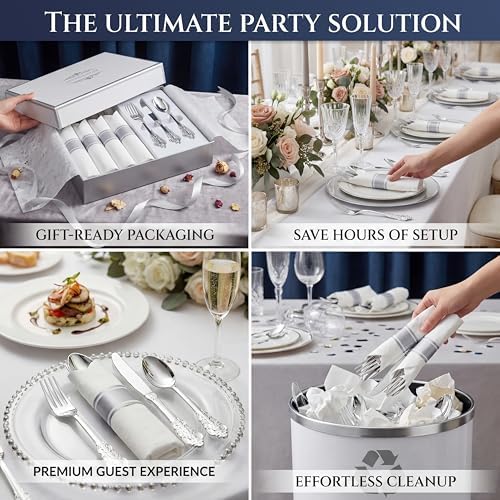 Liacere 400PCS Silver Plastic Silverware - Pre Rolled Napkins Disposable Silver Cutlery-Premium Quality Gold Plastic Utensils - Includes 100Forks,100Knives,100Spoons,100Napkins For Wedding & Party