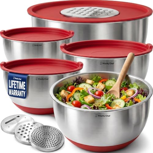 Priority Chef Stainless Steel Mixing Bowls with Lids Set, 3 Grater Attachments, Airtight Lids, Non-Slip Silicone Base Mixing Bowl Set, Large Prep Metal Mixing Bowls for Kitchen, Red