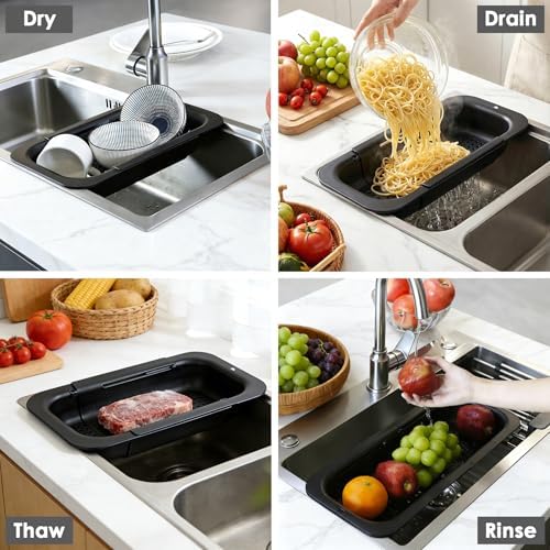Extendable Colander Strainer Basket, Over the Sink Colander and Strainer for Kitchen, Wash Vegetables and Fruits, Drain Pasta and Dry Dishes, Adjustable Colander from 13.5In to 18.7In, Black
