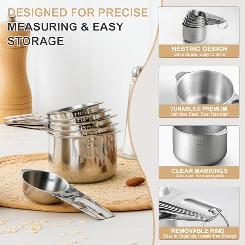 Stainless Steel Measuring Cups & Spoons Set, EWFEN Kitchen Tools Nesting Measuring Cups and Spoons, Fits in Spice Jars for Baking & Cooking, BPA Free, Set of 15 with Leveler, Black