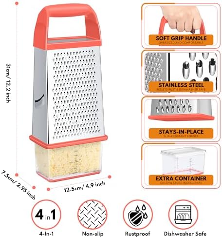 Cheese Grater With Container Box Grater Stainless Steel Kitchen Coral