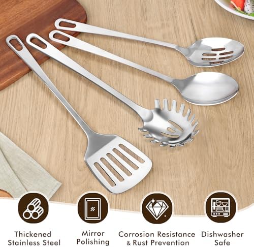 3 Pcs Stainless Steel Cooking Utensils Set, Heat Resistant Kitchen Utensils, Metal Kitchen Tools Include Solid & Slotted Spoon, Pasta Server, Ergonomic Handle, Dishwasher Safe, Easy to Clean, Silver
