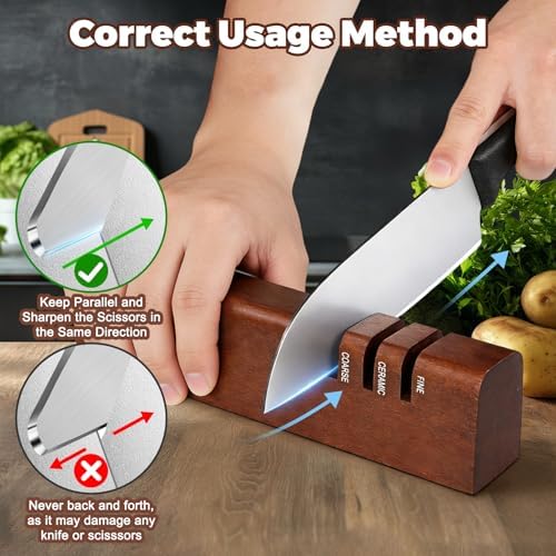3-Stage Knife Sharpener, Carborundum+Ceramic+Tungsten Steel, 8.3"x1.6"x2" Professional Chef & Pocket Knife Sharpener with Premium Cleaning Cloth, Non-Slip Base, Universal for Kitchen/Outdoor Knives
